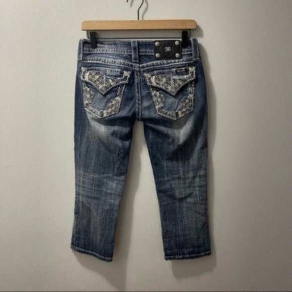 Miss Me Rhinestone Signature Cuffed Distressed Western Jean Capris Embellished - Picture 3 of 9